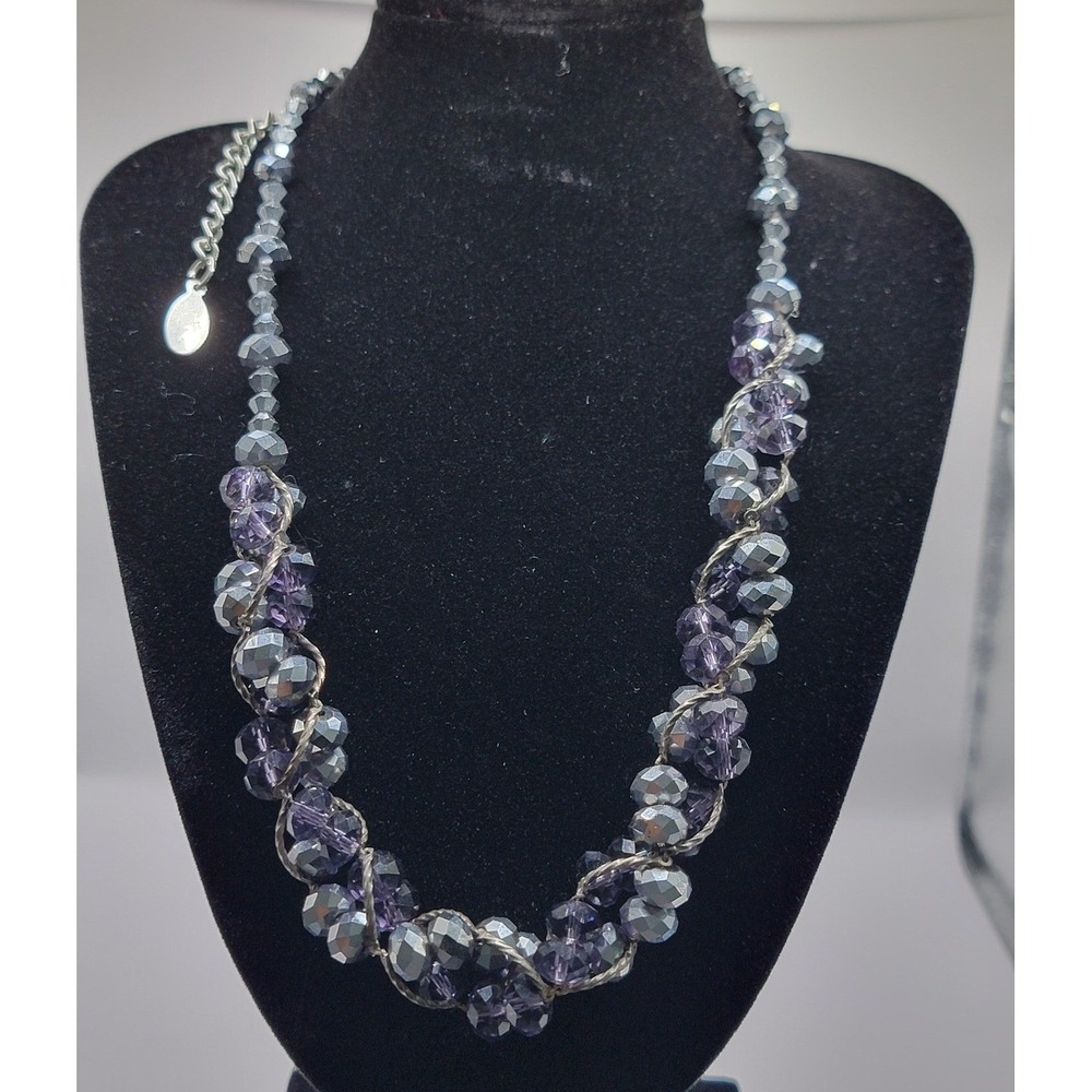 Signed Cj Purple Silver Faceted Bead Cluster Twisted Wire Bib Necklace 17.5" Adj